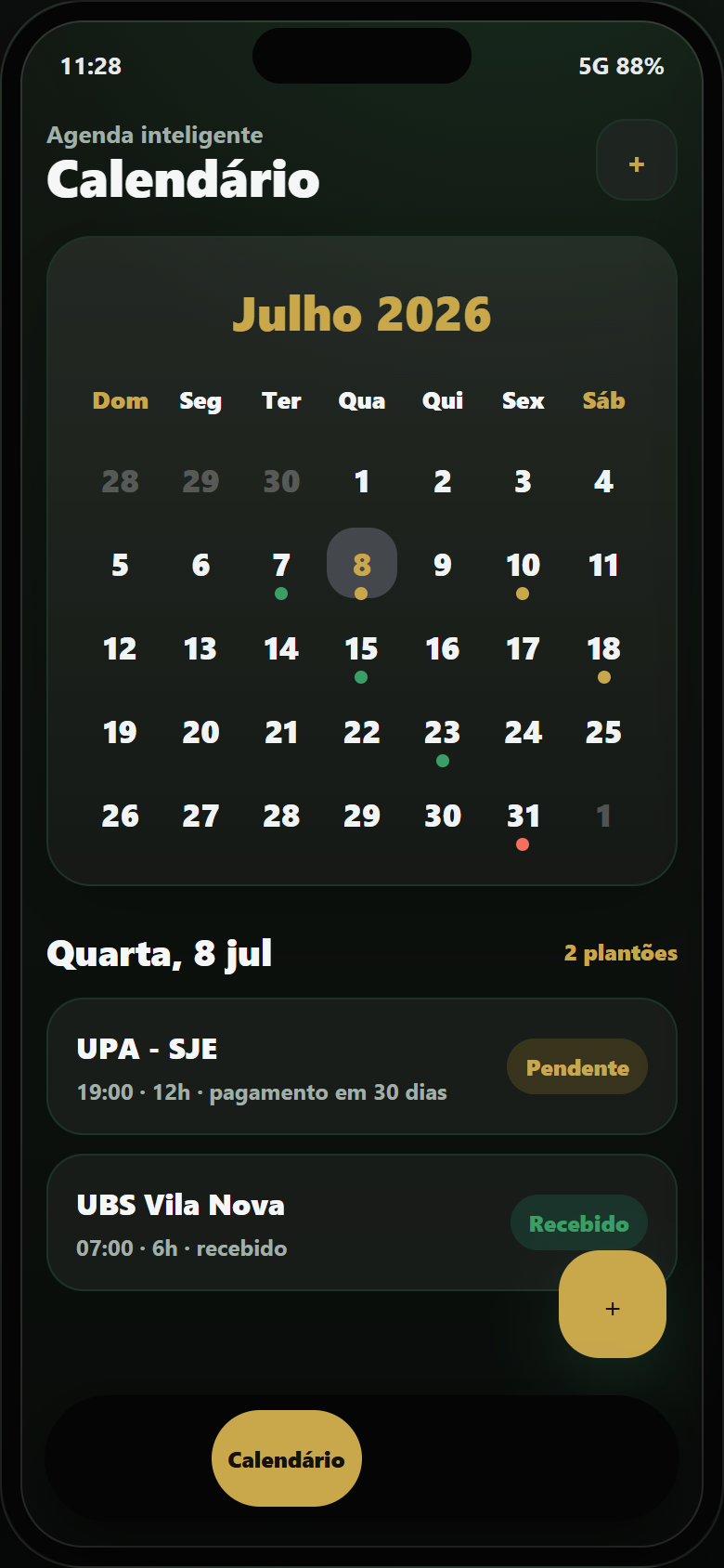 Calendário mensal do Plantaomed com plantões marcados