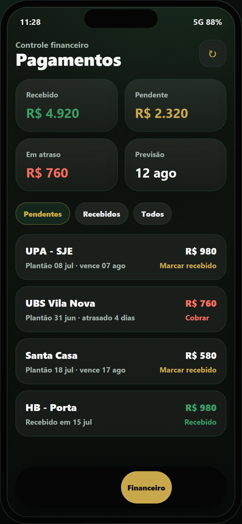 Tela financeira do Plantaomed com pagamentos pendentes e recebidos