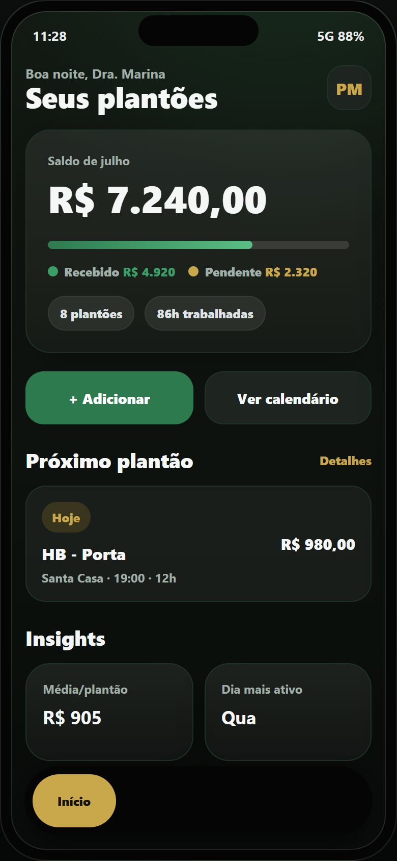 Resumo mensal do Plantaomed com plantões e pagamentos